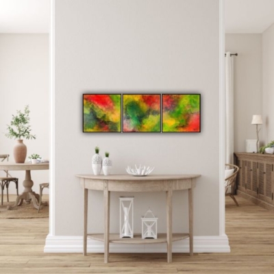 12-Triptychon Herbsttöne - Acryl Mixed Media - 30x30 cm - Ansicht im Raum